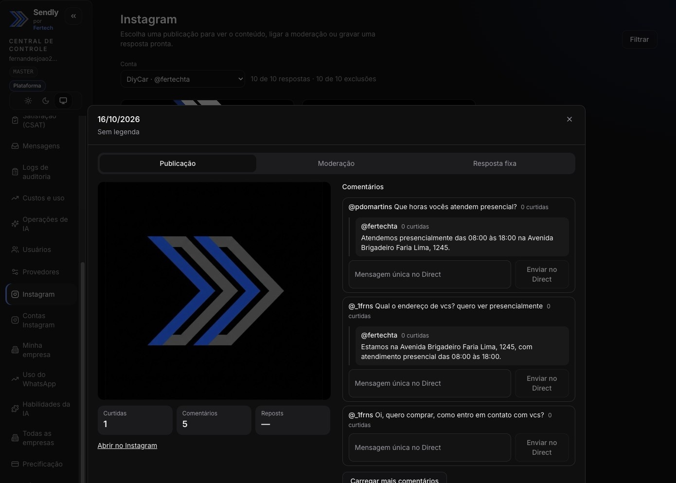 Respostas automáticas de comentários no Instagram pelo Sendly